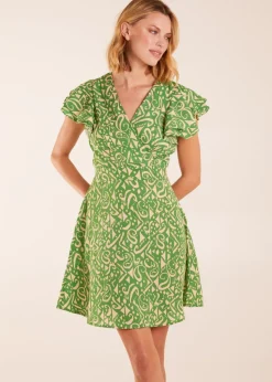 Blue Vanilla Green Aztec Wrap Ruffle Frill Sleeve Mini Dress