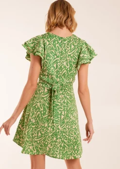 Blue Vanilla Green Aztec Wrap Ruffle Frill Sleeve Mini Dress