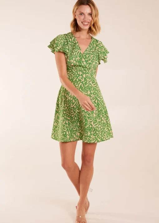 Blue Vanilla Green Aztec Wrap Ruffle Frill Sleeve Mini Dress