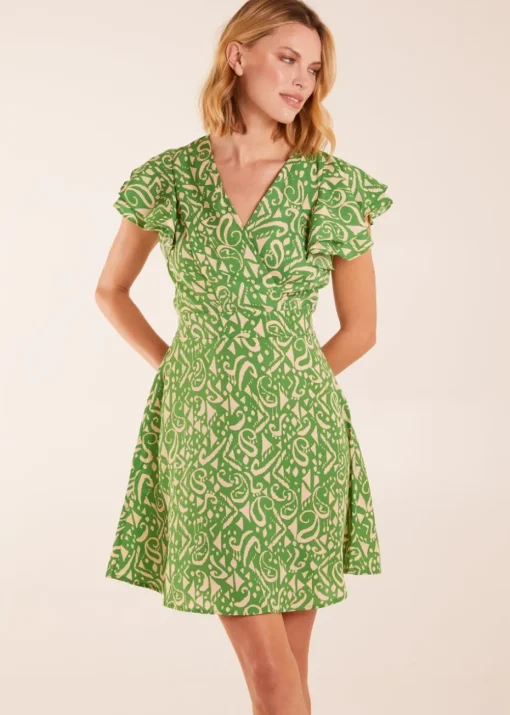 Blue Vanilla Green Aztec Wrap Ruffle Frill Sleeve Mini Dress