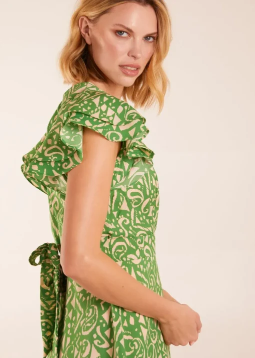 Blue Vanilla Green Aztec Wrap Ruffle Frill Sleeve Mini Dress