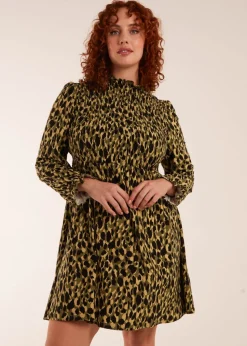 Blue Vanilla Green Curve Leopard Print Shirred Trapeze Mini Dress