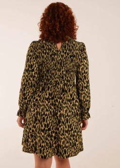 Blue Vanilla Green Curve Leopard Print Shirred Trapeze Mini Dress