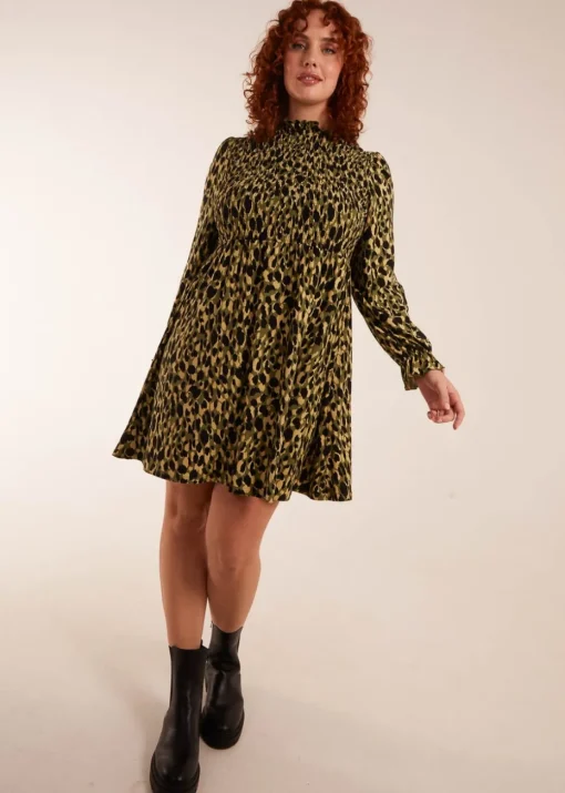 Blue Vanilla Green Curve Leopard Print Shirred Trapeze Mini Dress