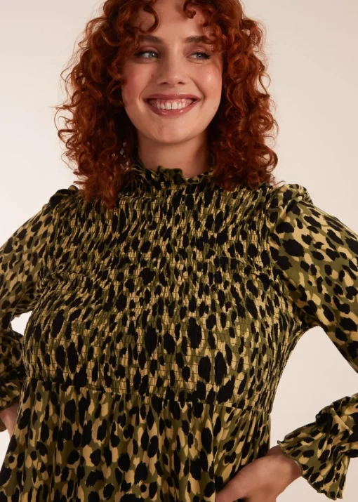 Blue Vanilla Green Curve Leopard Print Shirred Trapeze Mini Dress