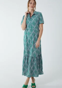 Blue Vanilla Green Diamond Print Angel Sleeve Maxi Dress