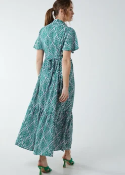 Blue Vanilla Green Diamond Print Angel Sleeve Maxi Dress