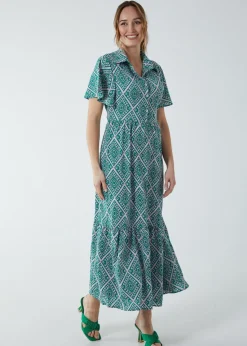 Blue Vanilla Green Diamond Print Angel Sleeve Maxi Dress