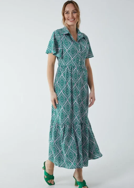 Blue Vanilla Green Diamond Print Angel Sleeve Maxi Dress