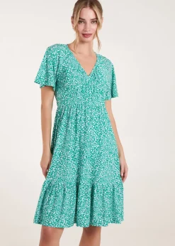 Blue Vanilla Green Ditsy Printed Angel Sleeve Elasticated V Neck Dress