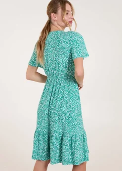 Blue Vanilla Green Ditsy Printed Angel Sleeve Elasticated V Neck Dress