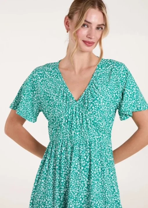 Blue Vanilla Green Ditsy Printed Angel Sleeve Elasticated V Neck Dress