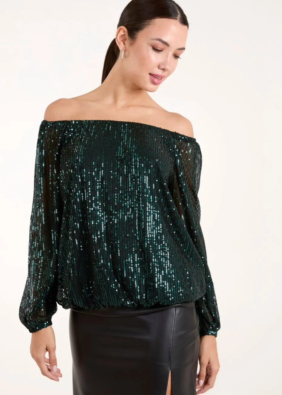 Blue Vanilla Green Elastic Neck Puffball Sequin Top