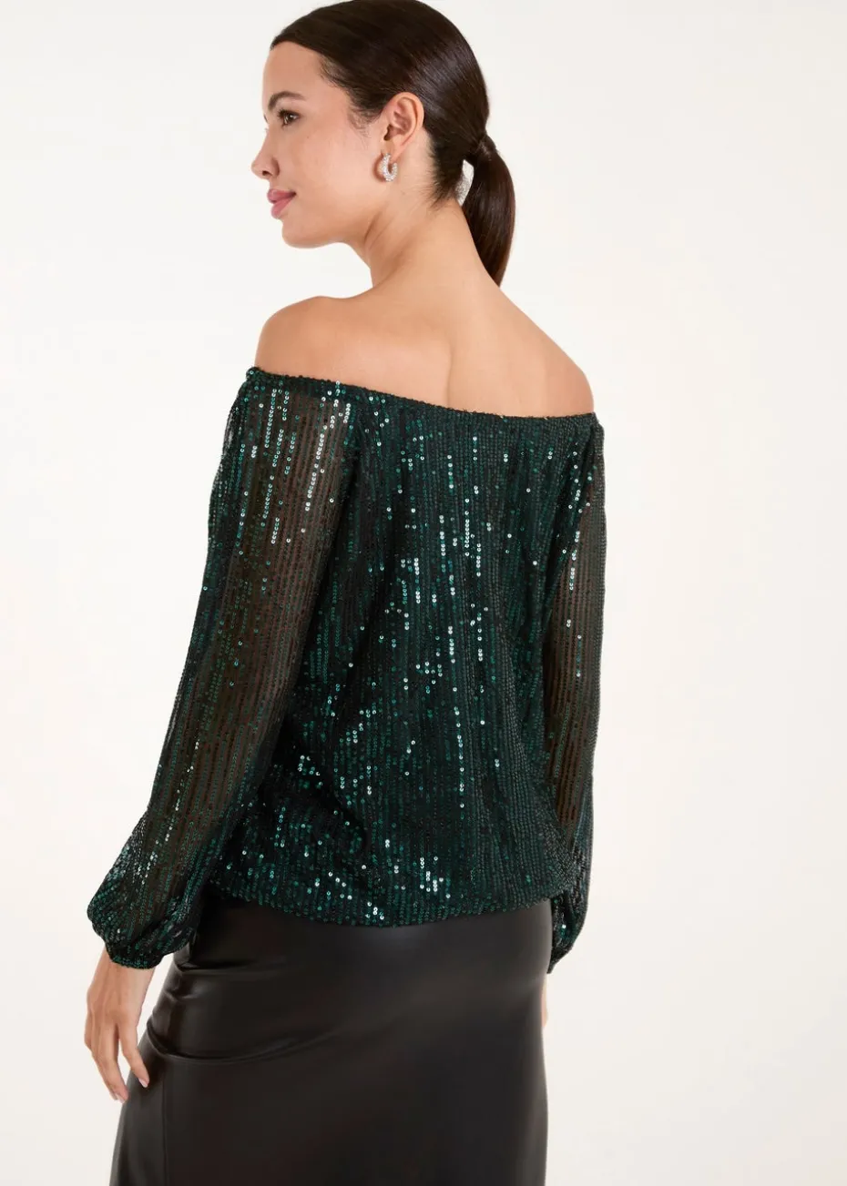 Blue Vanilla Green Elastic Neck Puffball Sequin Top