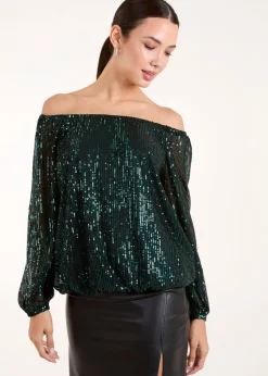 Blue Vanilla Green Elastic Neck Puffball Sequin Top