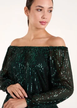 Blue Vanilla Green Elastic Neck Puffball Sequin Top