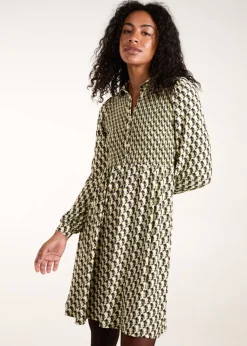 Blue Vanilla Green Geometric Shirred Mini Shirt Dress