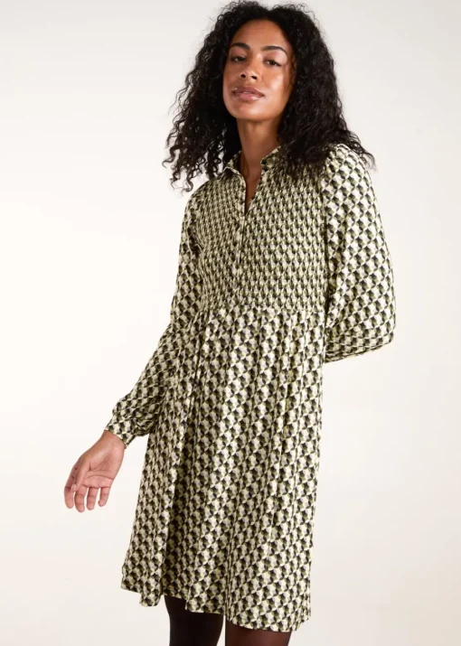 Blue Vanilla Green Geometric Shirred Mini Shirt Dress