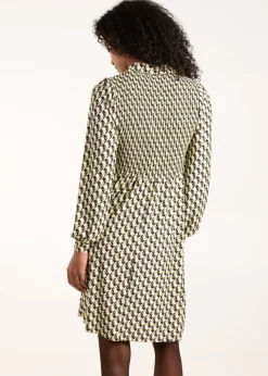 Blue Vanilla Green Geometric Shirred Mini Shirt Dress