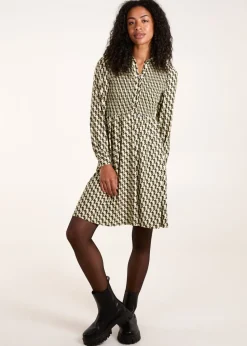 Blue Vanilla Green Geometric Shirred Mini Shirt Dress