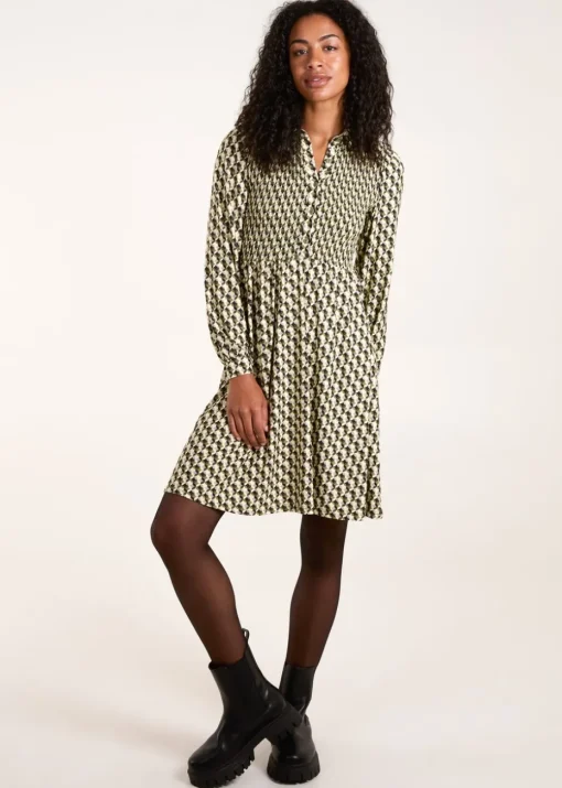 Blue Vanilla Green Geometric Shirred Mini Shirt Dress