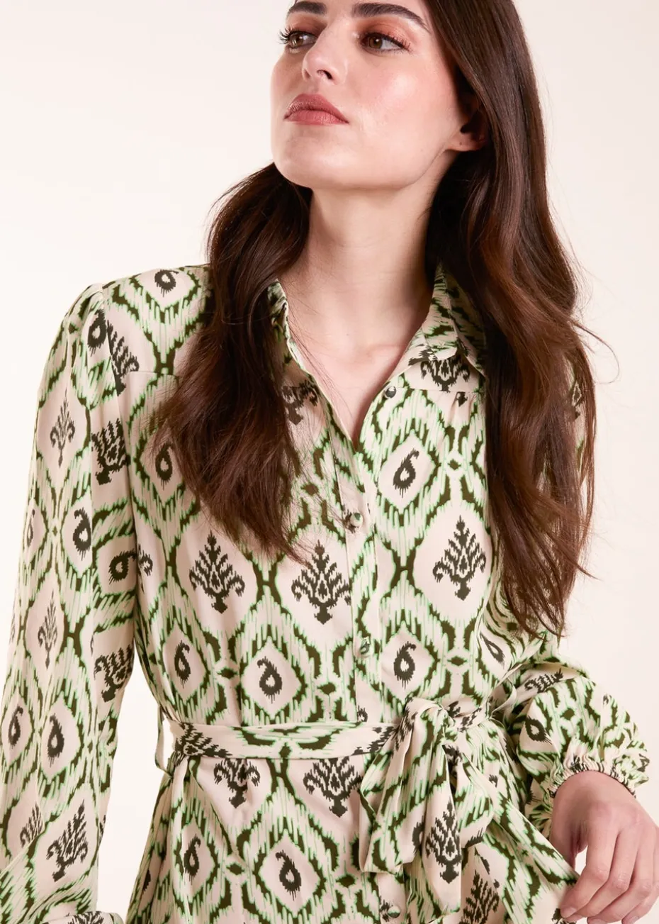 Blue Vanilla Green Long Sleeve Belted Shirt Mini Dress