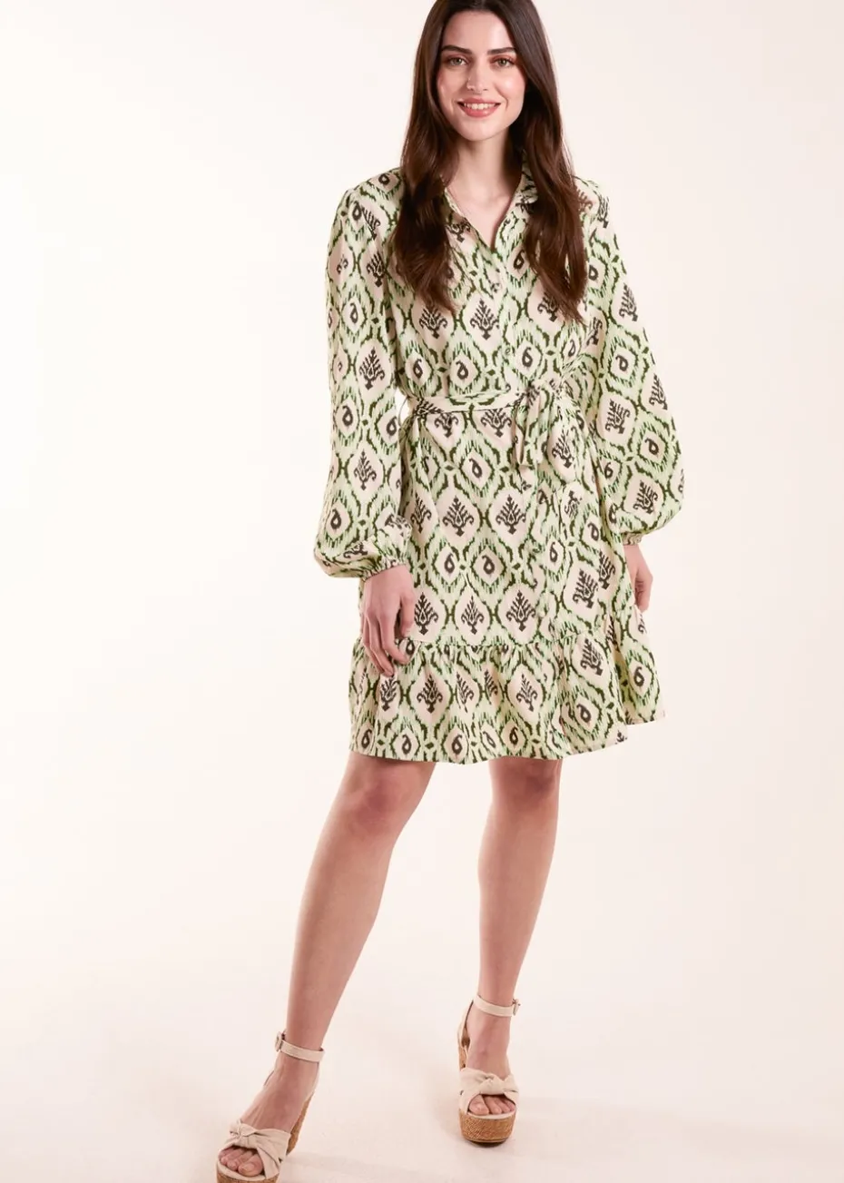 Blue Vanilla Green Long Sleeve Belted Shirt Mini Dress