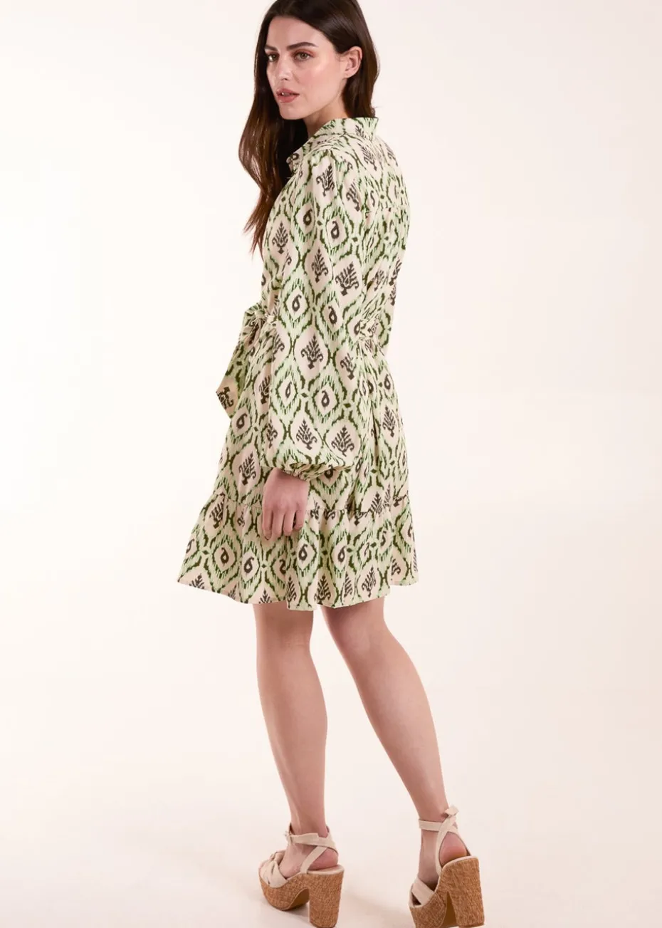 Blue Vanilla Green Long Sleeve Belted Shirt Mini Dress