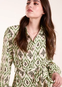 Blue Vanilla Green Long Sleeve Belted Shirt Mini Dress