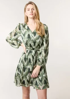 Blue Vanilla Green Metallic Zig Zag V Neck Belted Dress