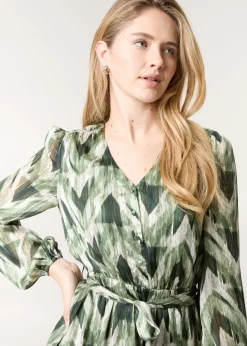 Blue Vanilla Green Metallic Zig Zag V Neck Belted Dress