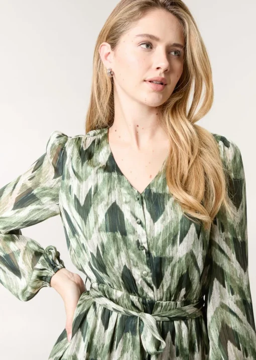 Blue Vanilla Green Metallic Zig Zag V Neck Belted Dress