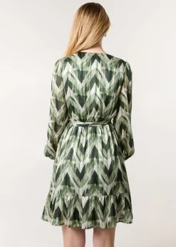 Blue Vanilla Green Metallic Zig Zag V Neck Belted Dress