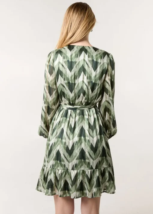 Blue Vanilla Green Metallic Zig Zag V Neck Belted Dress