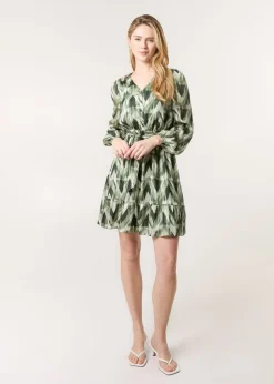 Blue Vanilla Green Metallic Zig Zag V Neck Belted Dress
