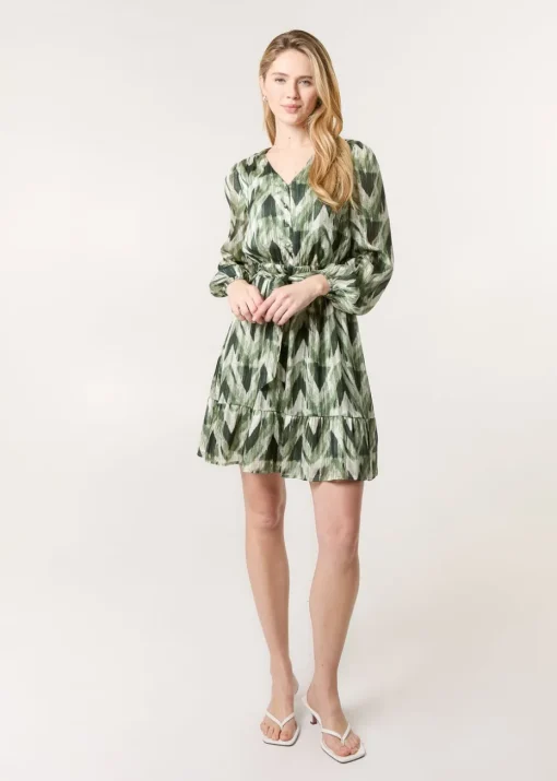 Blue Vanilla Green Metallic Zig Zag V Neck Belted Dress