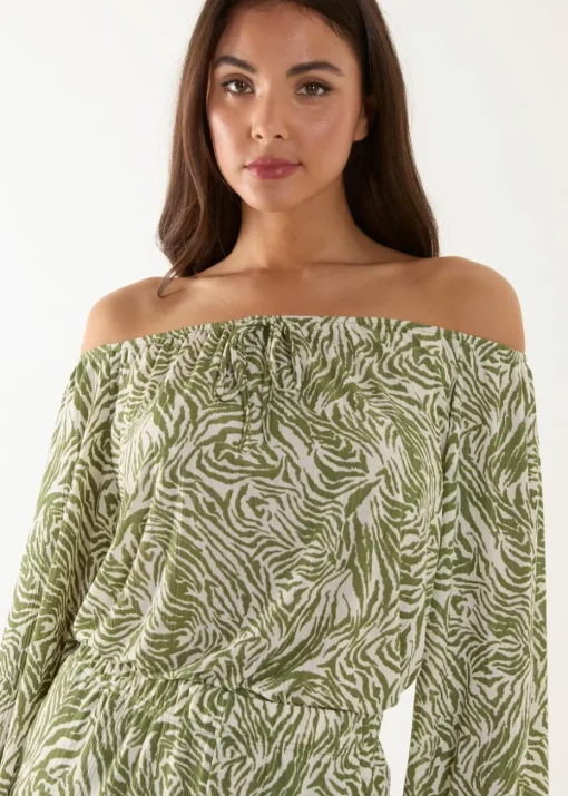 Blue Vanilla Green Off The Shoulder Top And Wide Leg Trouser Set