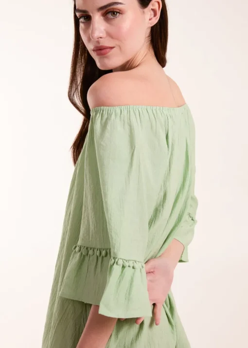 Blue Vanilla Green On Off Shoulder Tunic Dress