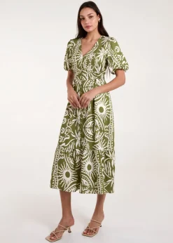 Blue Vanilla Green Printed Puff Sleeve Shirred Waist Midi Dress