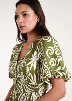 Blue Vanilla Green Printed Puff Sleeve Shirred Waist Midi Dress