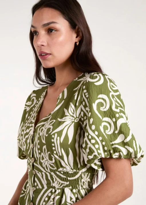 Blue Vanilla Green Printed Puff Sleeve Shirred Waist Midi Dress