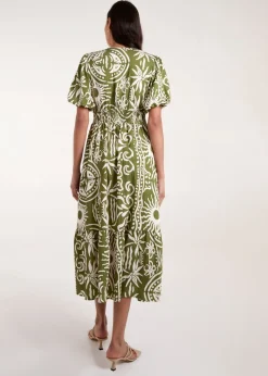 Blue Vanilla Green Printed Puff Sleeve Shirred Waist Midi Dress