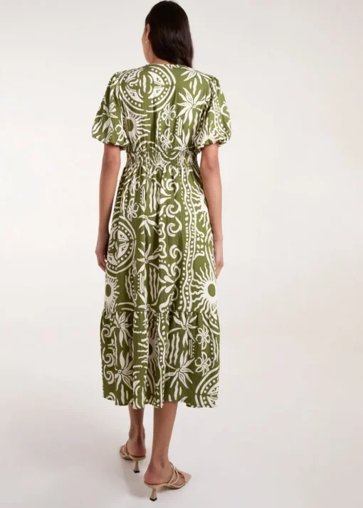 Blue Vanilla Green Printed Puff Sleeve Shirred Waist Midi Dress