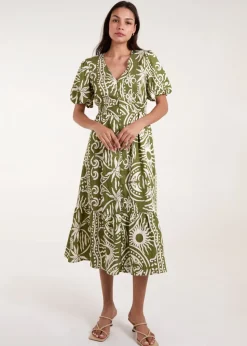 Blue Vanilla Green Printed Puff Sleeve Shirred Waist Midi Dress