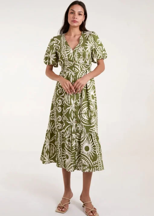 Blue Vanilla Green Printed Puff Sleeve Shirred Waist Midi Dress