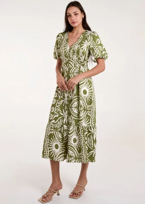 Blue Vanilla Green Printed Puff Sleeve Shirred Waist Midi Dress