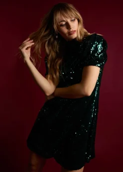 Blue Vanilla Green Puff Sleeve Sequin Dress