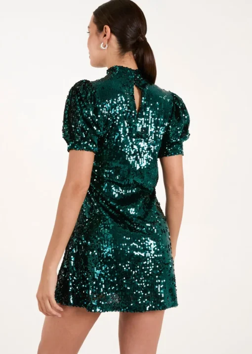 Blue Vanilla Green Puff Sleeve Sequin Dress