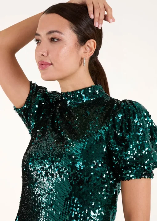 Blue Vanilla Green Puff Sleeve Sequin Dress