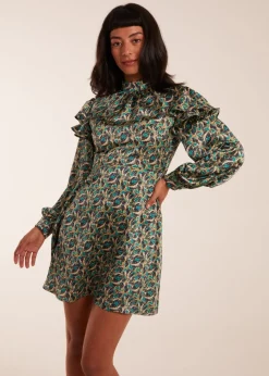 Blue Vanilla Green Ruffle Sleeve High Neck Swing Dress